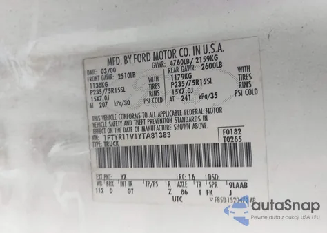 2000 Ford Ranger Xl/Xlt z USA, uszkodzony, nr VIN 1FTYR11V1YTA81383